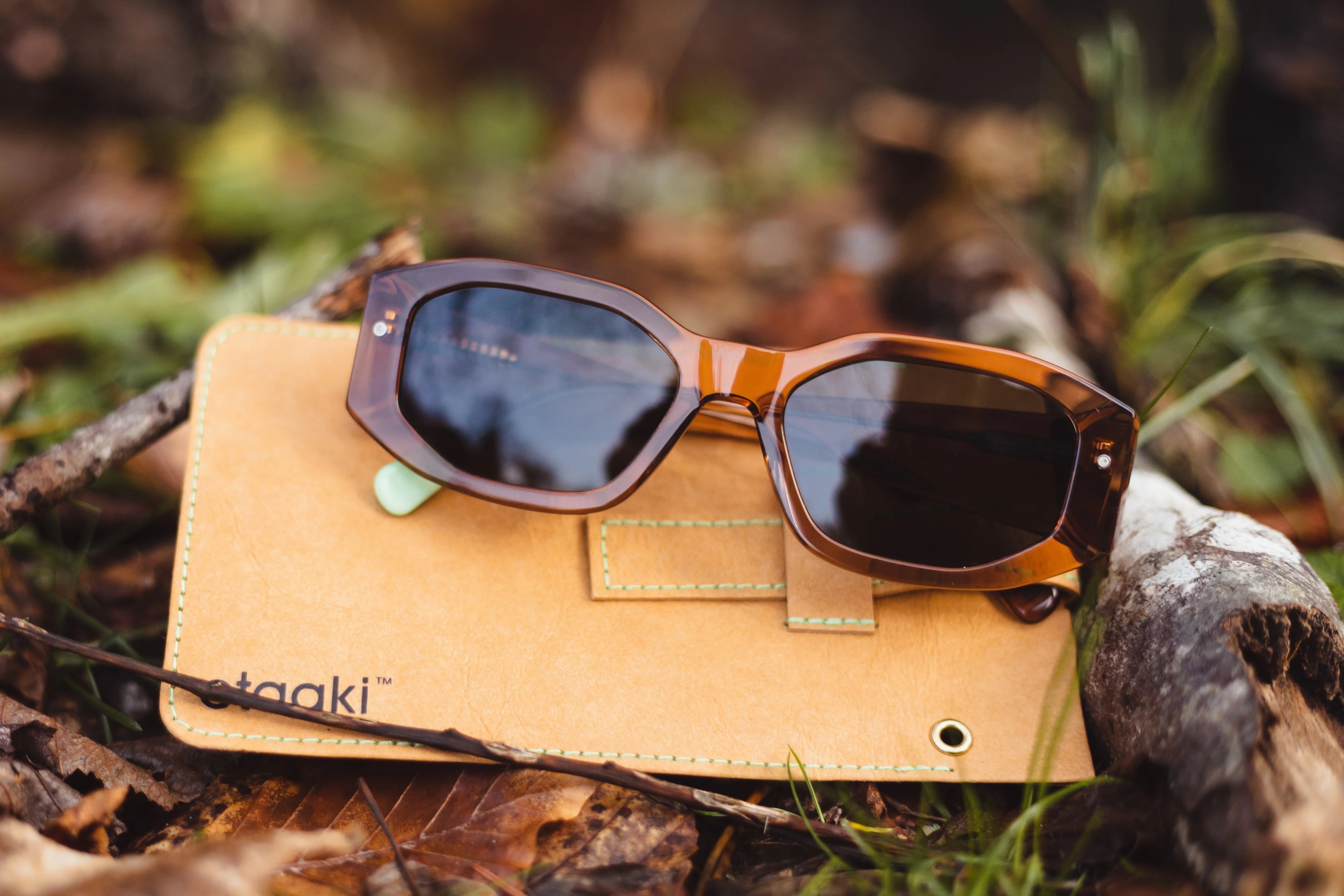Photograph of an ORGANIC frame placed on its case, resting on the forest floor. This scene alludes to the ability of an ORGANIC frame to decompose in nature within 90 days.